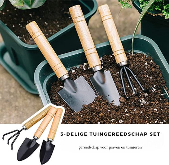 Waledano® Tuingereedschap Set - Geschikt voor tuinieren - planten Tuinschepje - Kweek set - Tuinhark - Plantschep - Handschep - met Houten Handvat - 3-Delige