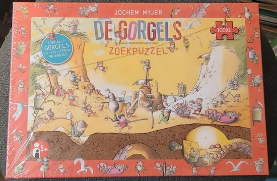 Een "De Gorgels Zoekpuzzel" 100XL van Jochem Myjer, geïllustreerd door Rick de Haas. De puzzel toont een drukke scène met veel dierfiguren en de tekst "Zoek alle Gorgels en hun dieren-vriendjes".