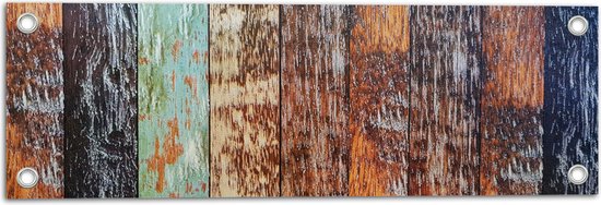 Tuinposter – Houten Planken op een Rijtje met Verschillende Kleuren - 60x20 cm Foto op Tuinposter (wanddecoratie voor buiten en binnen)