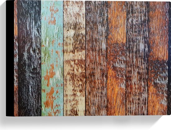 Canvas - Houten Planken op een Rijtje met Verschillende Kleuren - 40x30 cm Foto op Canvas Schilderij (Wanddecoratie op Canvas)
