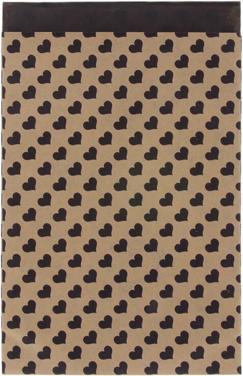 200 x Papieren Zakjes Bruin met zwarte hartjes 17x25cm