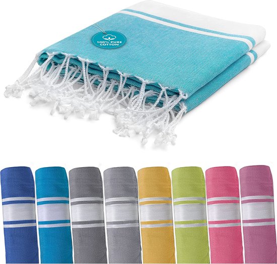 Fouta badhanddoek, groot, 100 x 200 cm, turquoise, 100% katoen, OekoTex, luxe strandhanddoek XXL, hamamdoek, groot, saunahanddoek hoogwaardig - handdoek, wellness-badtextiel