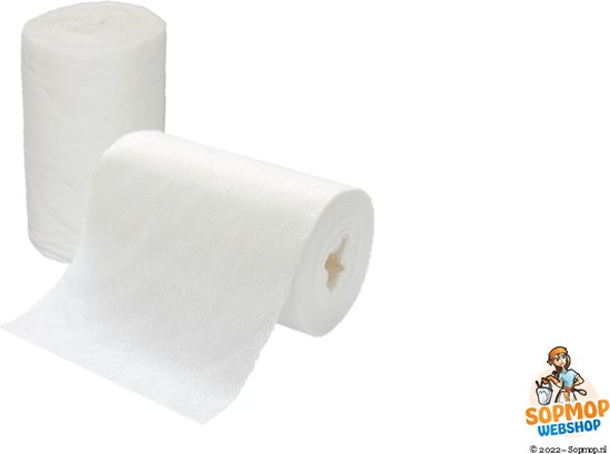 Deux rouleaux blancs de lingettes dépoussiérantes en 100% viscose, avec une structure grossière. Un rouleau est partiellement déroulé.