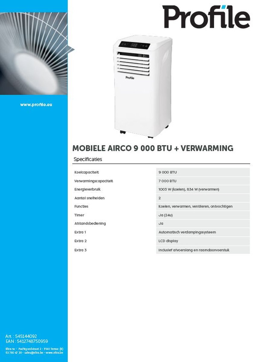 Afbeelding 3 van Profile Mobiele Airconditioner - 5 Modes - Inclusief