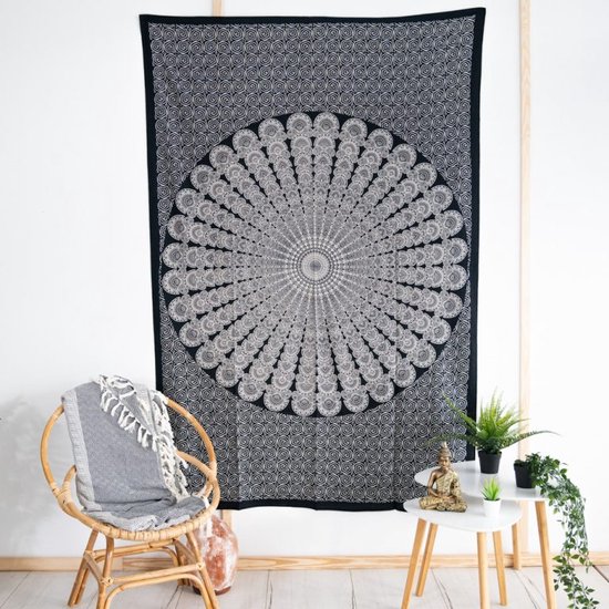 Mandala wandkleed - muurdecoratie - muurkleed - zwart/wit - 215x135 cm