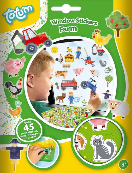 Totum boerderij raamstickers - 45 stuks - niet permanente verplaatsbare stickers boerderijdieren, voertuigen, gereedschap en bomen/fruit - incl speeldecor