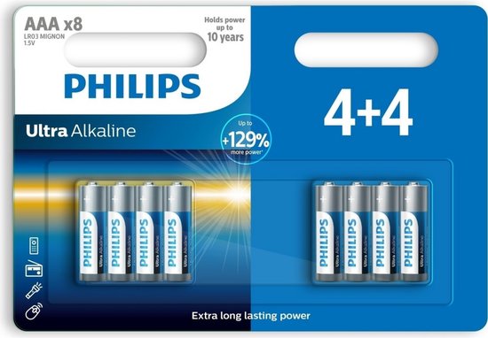 Philips Ultra Alkaline AAA batterijen, 8 stuks in verpakking, 4+4.