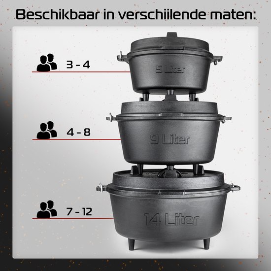 IRONO Dutch Oven - Pan Gietijzer - 5 Liter - Gietijzeren Pan BBQ 5-delig - Multifunctionele Kookset - Braadpan Gietijzer met Deksellifter - Bakpan - Kookpan - Outdoor Cooking - Moederdag Cadeautje - Moederdag Geschenkset - IRONO