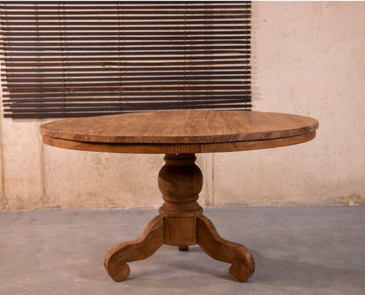 Livingfurn Meubelplaats Eettafel Dingklik Rond - Teak Hout - Klassieke Poot - Bolpoot - 160 cm Bruin