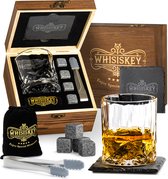 Whisiskey Luxe Whiskey Set - Incl. Whiskey Glas, 4 Whiskey Stones, Onderzetter, IJstang, Fluwelen Opbergzak, Opbergbox - Whiskey Glazen - Whiskey Geschenkdoos - Accessoires - Herbruikbare IJsblokjes