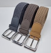 3 pack deal - Elastische broekriem Stretch riem Vlecht riem Gevlochten riem Elastiek riem - unisex - Kleur 1-Beige 2-Kaki 3-Grijs