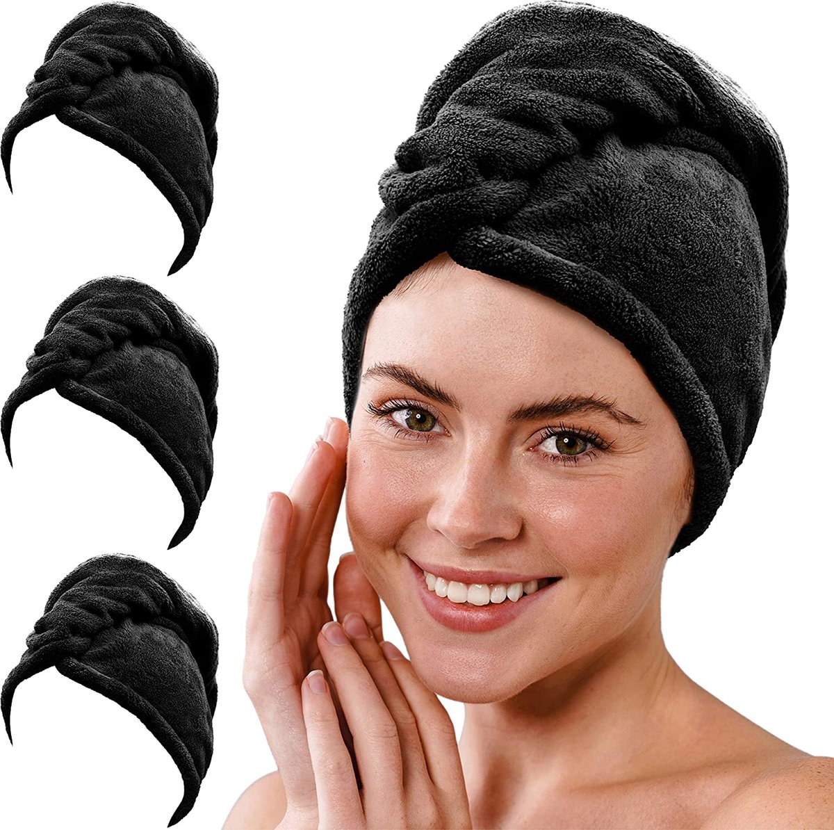 Set van 3 Gräfenstayn Haartulbanden Microvezel met 2 Knopen - Tulbandhanddoek sneldrogend & absorberend - Haarhanddoek kort & lang Haar, Knop Hoofdhanddoek (Zwart)