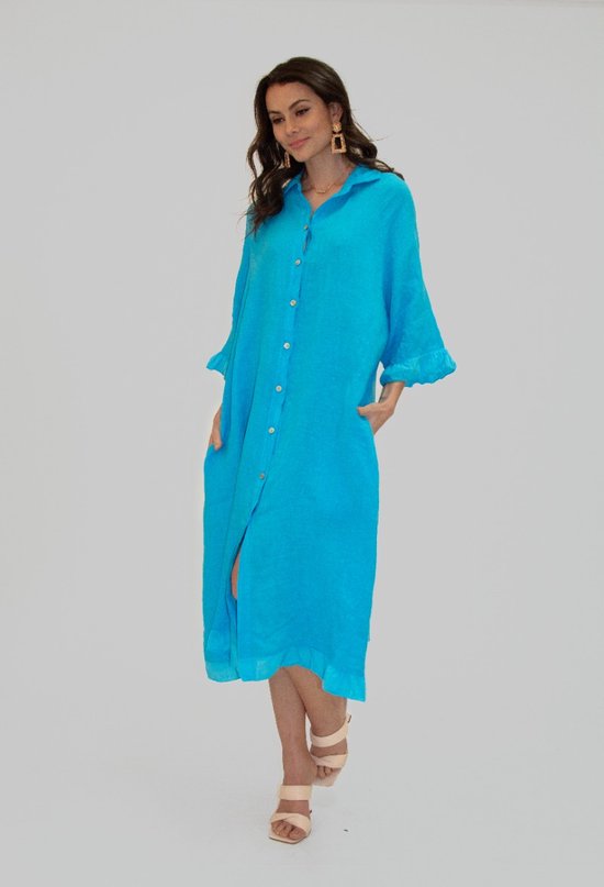Maxi linnen jurk dames turquoise – zomerse one size strandjurk