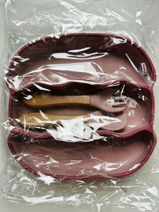 3-Vaks Babybord Geribbeld - met Houten Bestek - Roze van Kleine Chef — afbeelding 3