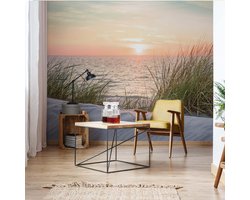 Fotobehang - Vlies Behang - Zonsondergang boven Zee - Strand - Duinen - 312 x 219 cm