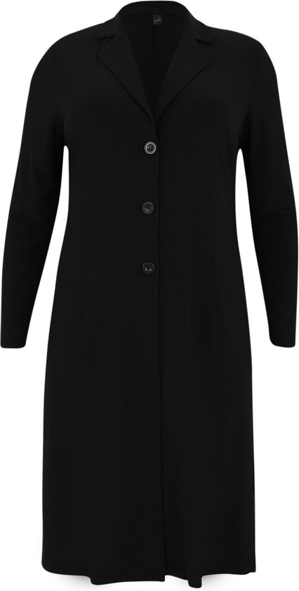 Zwarte lange blazer met lange mouwen, reverskraag en drie knopen.