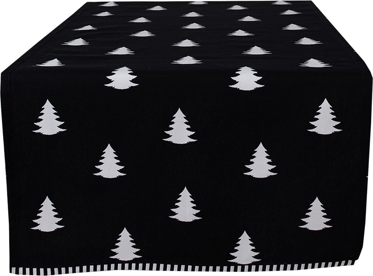 Clayre & Eef Tafelloper Kerst 50x140 cm Zwart Wit Katoen Kerstbomen