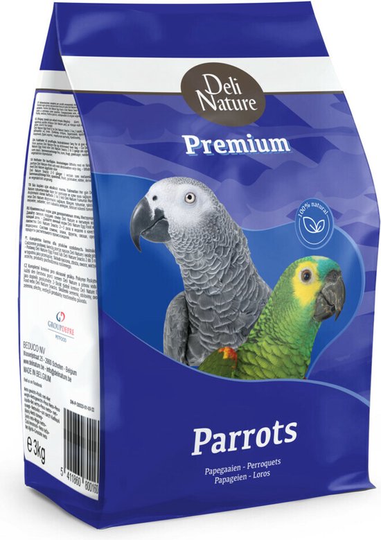Blauwe verpakking met papegaaien, 'Deli Nature Premium Parrots 3kg'.