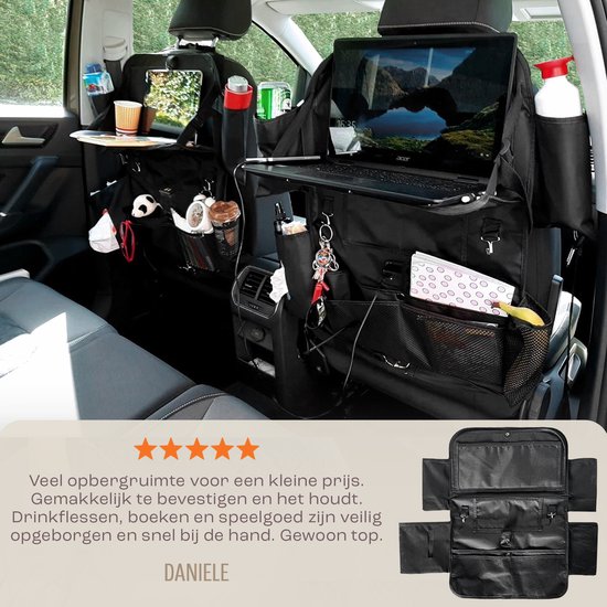Lenx Autostoel Organizer met Tablet Houder- Met Uitklapbare Laptophouder en USB Hub- Auto Organizer - Reistafel - Voor Kinderen - Inclusief 4 Autohaken - Nieuw 2023 Model