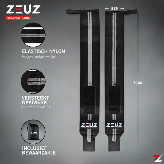 ZEUZ 2 Stuks Polsband voor Fitness & CrossFit - Wrist wraps – Krachttraining – Polsbrace – Grijs & Zwart - ZEUZ