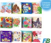 F4B Lot de 12 Cartes de vœux (3) Peinture de diamants 15 x 15 cm | Pierres rondes | Avec Enveloppes | Cartes d'anniversaire | Jeu de cartes | Cartes | joyeux anniversaire | Enfants | Forfait Adultes et Enfants