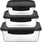 Voedselopslagcontainers van glas met deksel, set van 3 vierkant en groot, ovenglas, koelkast en vriezer, braadpan voor oven en magnetron