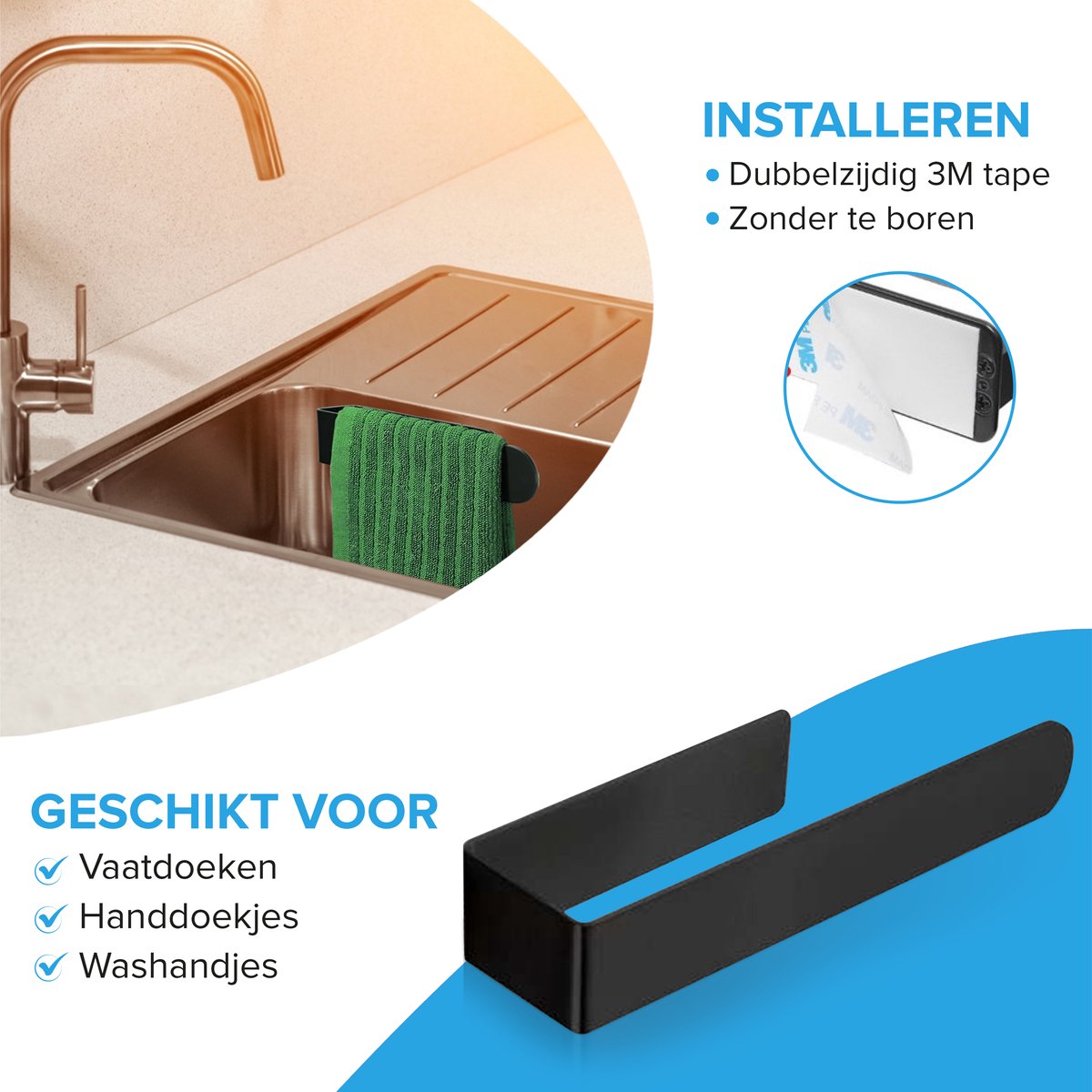 HGMD Vaatdoekhouder - Aanrecht organiser - Gootsteen organizer - Zwart - Zelfklevend - RVS - Inclusief 3M plaksticker — afbeelding 5