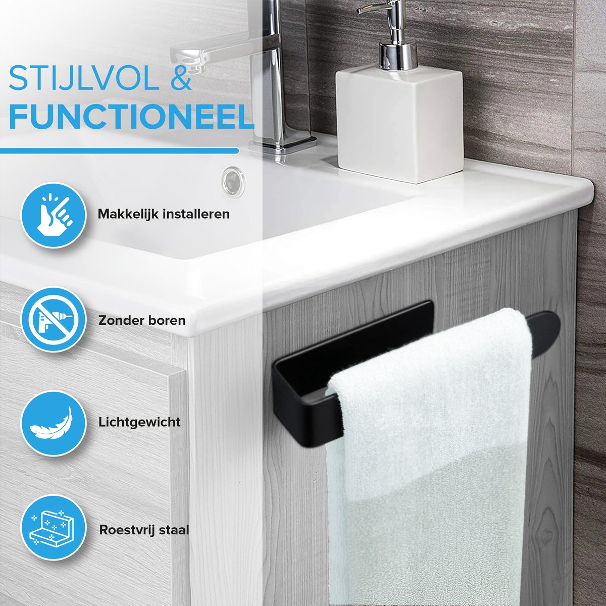 HGMD Vaatdoekhouder - Aanrecht organiser - Gootsteen organizer - Zwart - Zelfklevend - RVS - Inclusief 3M plaksticker — afbeelding 8