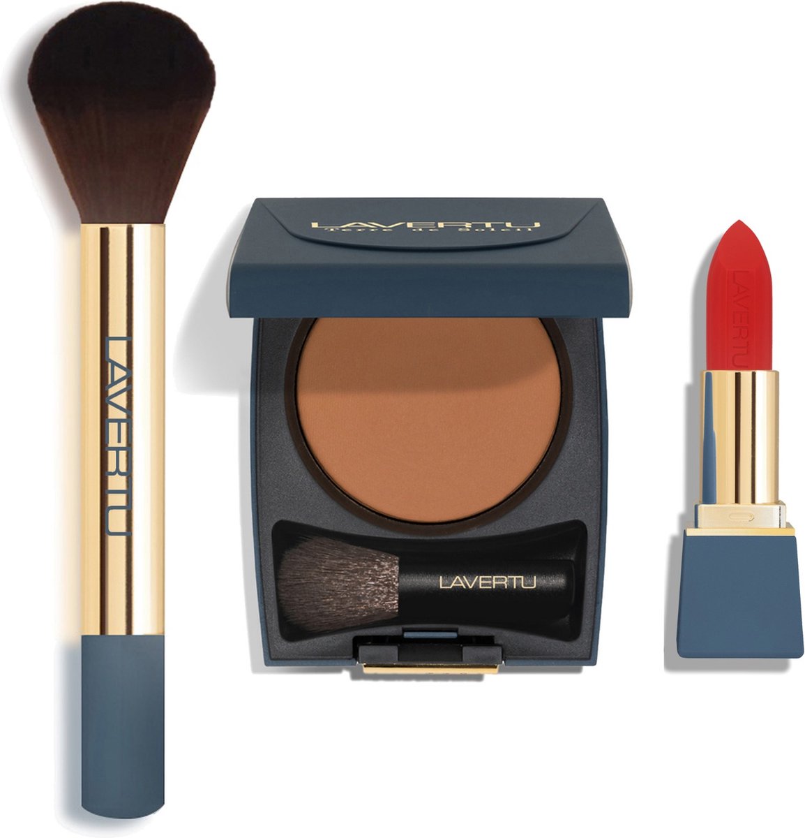 Lavertu Cosmetics - Make-up Set | Terre de Soleil 02 - Baked bronzer - Professionele make-up kwast - Lipstick Unique no.19 - Altissimo Red