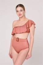 Bikini set- 2-delig Bikini set met een schouder- Hoge taille trendy bikini met riem 194- Roze- Maat 36