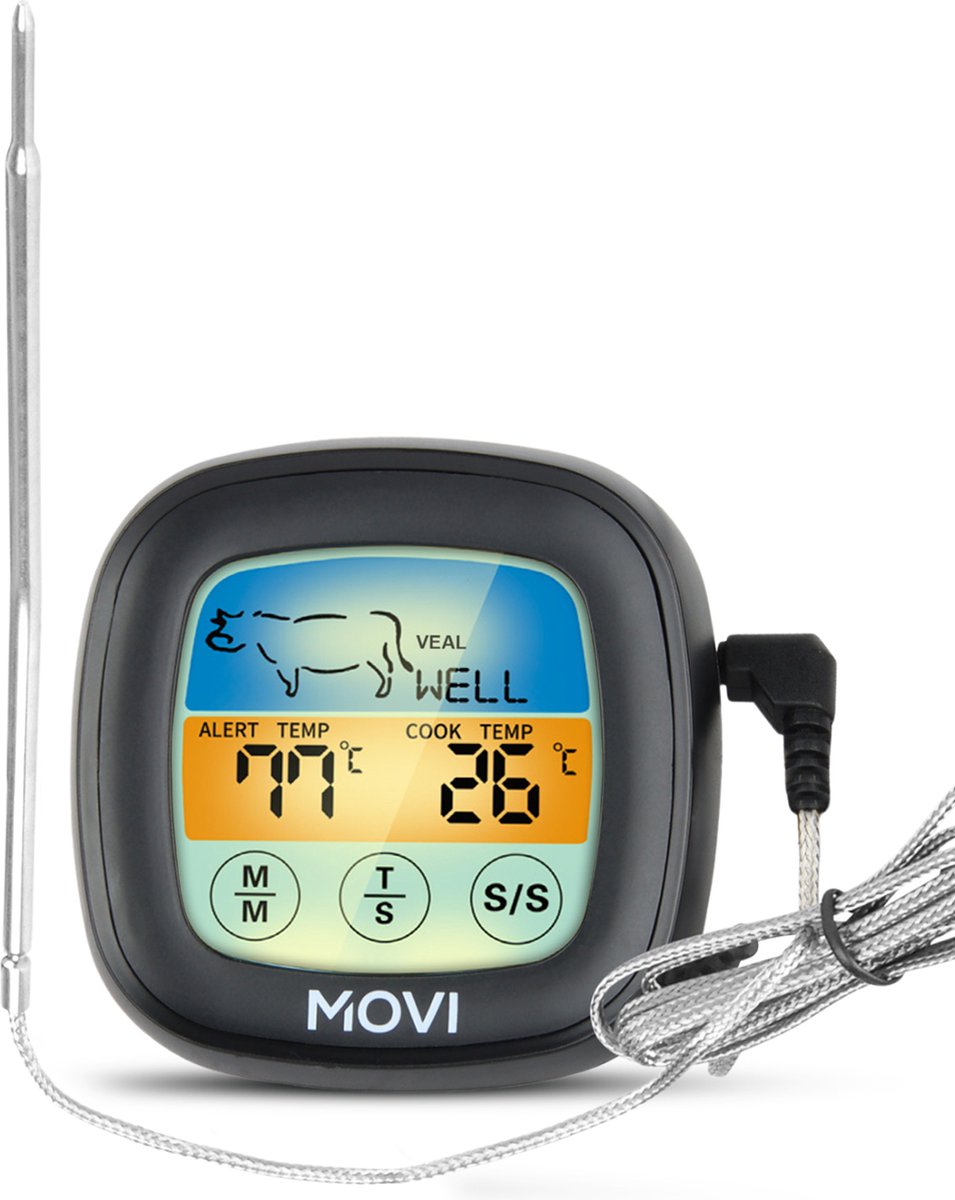 Movi MINI+ - Vleesthermometer - BBQ thermometer – Kamado -Inclusief Nederlandstalig e-Book / BBQ boek - Oventhermometer – Keukenthermometer - Suikerthermometer - Vloeistofthermometer – Barbecue accessoires - Kookwekker - Movi