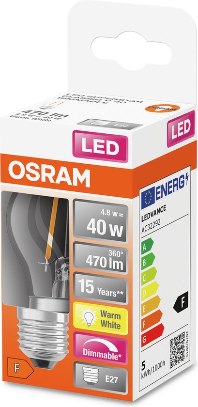 OSRAM 4058075436800 LED-lamp Energielabel F (A - G) E27 Peer 4.8 W = 40 W Warmwit (Ø x l) 45 mm x 77 mm 1 stuk(s)