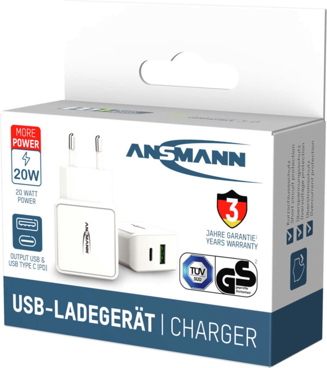 Ansmann HomeCharger HC218PD USB-oplader 18 W 1x USB-A, 1x USB-C USB PD Wit Binnen