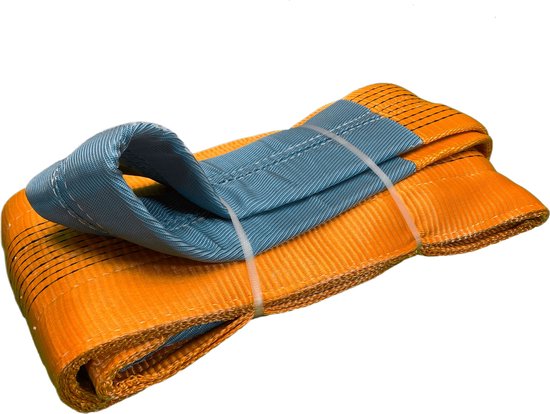 Gevouwen oranje hijsband met blauwe lussen, vastgebonden met tie-wrap