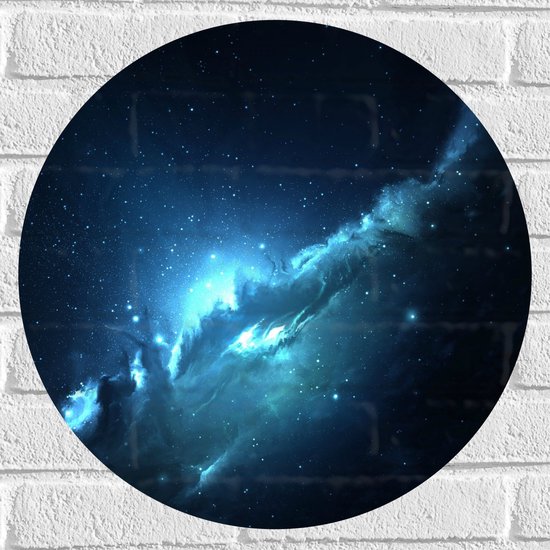Muursticker Cirkel - Blauwe Lichtflitsen tussen Sterrenhemel - 50x50 cm Foto op Muursticker