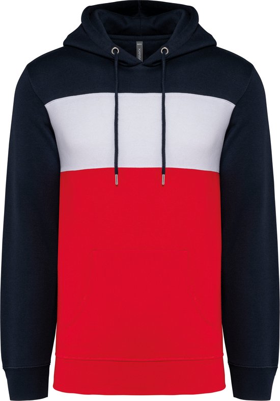 Sweat à capuche unisexe tricolore avec capuche marque Kariban Bleu foncé / Wit/ Rouge - XS
