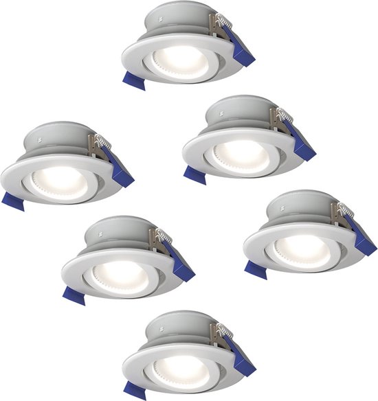 Set van 6 Lima LED inbouwspots - Kantelbaar - 6000K - Daglicht wit - IP65 waterdicht en stofdicht - Buiten - Badkamer - GU10 verwisselbare lichtbron - 5 Watt - Veiligheidsglas - Wit - 2 jaar garantie