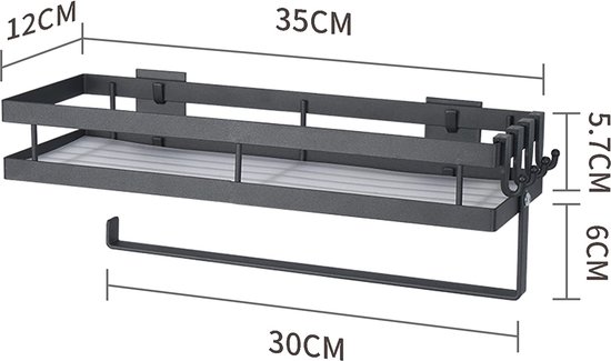 HUIZHOU Kruidenrek, wandkeukenrek zonder boren, ophanglijst met 4 afneembare haken, kruidenorganizer voor keuken (35 cm lengte