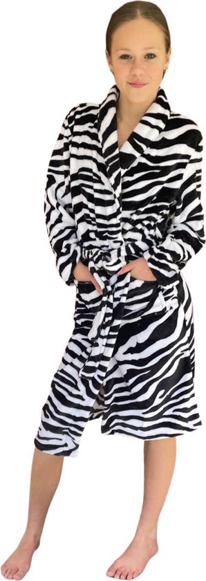 Kinderbadjas zebra print – 100% flanel fleece – badjas kind zwart/wit – Badrock kindermodel – fleecebadjas kind  maat M(7-8jaar) - 122/128