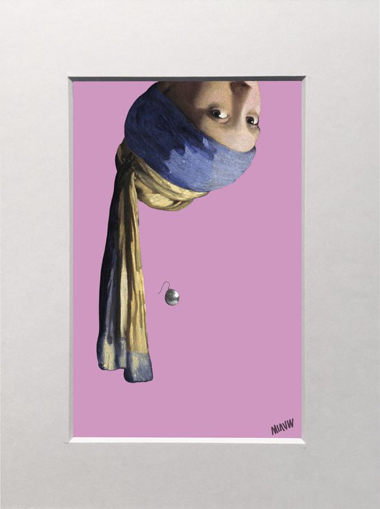 Vermeer Miauw - Meisje met de Parel Ondersteboven - gesigneerde print met passe-partout - 15x20cm