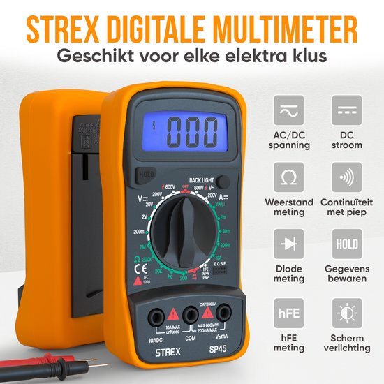 Strex Digitale Multimeter - AC / DC - Incl. 9V Duracell Batterij, Klemtangen & Opberghoes - Multi Meter - Strex
