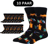 10 paar Boekenkast Sokken - Grappige sokken voor de boekenwurm of schrijver - Boeken, lezer, kat, inkt - Dames/heren maat 39-44