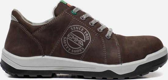 Bruine leren werkschoen met grijze veters, witte zool en rond logo 'EMMA SAFETY SHOES SINCE 1931'.