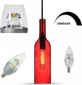 Glazen hanglamp - snoerpendel in de vorm van een fles E14 - Rood - Incl. Dimbare COB LED lamp