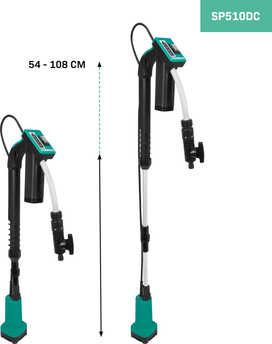 VONROC Regentonpomp 12V met accu - 50W - 1500 lt/u - met droogloopbeveiliging - universele tuinslangkoppeling - inclusief accu en oplader – foto 4