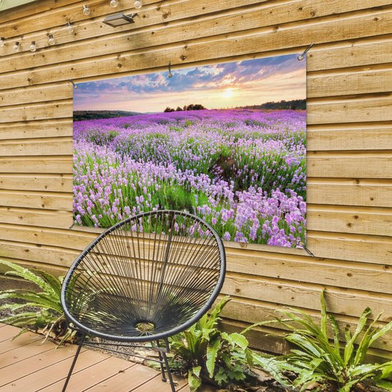 Een tuinposter van een paarse lavendelweide bij zonsondergang, hangend aan een houten schutting naast een zwarte stoel.