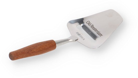 RVS kaasschaaf met houten handvat, merktekens 'Old Amsterdam' en 'Boska'.