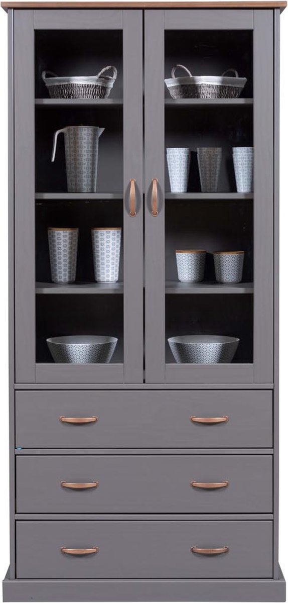 Vitrinekast Cerci 190x39x90cm - 2 deuren & 3 lades - grijs - Interlink - Kasten - Grijs - Hout; Glas - Kasten -