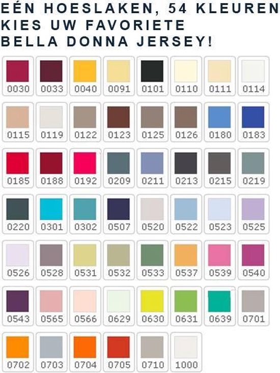 Carte de couleurs de 54 couleurs de draps-housses Bella Donna Jersey.
