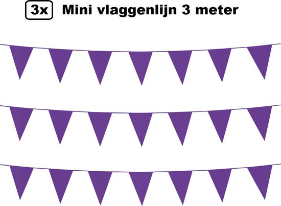 Drie paarse mini vlaggenlijnen van 3 meter lang, met driehoekige vlaggetjes.
